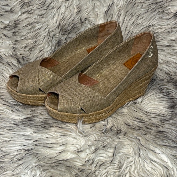 Tory Burch Shoes - Tory Burch Espadrille Peep-Toe Wedges in Taupe — size 7